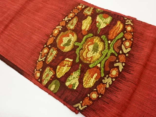 手織り真綿紬抽象草花模様織出し名古屋帯